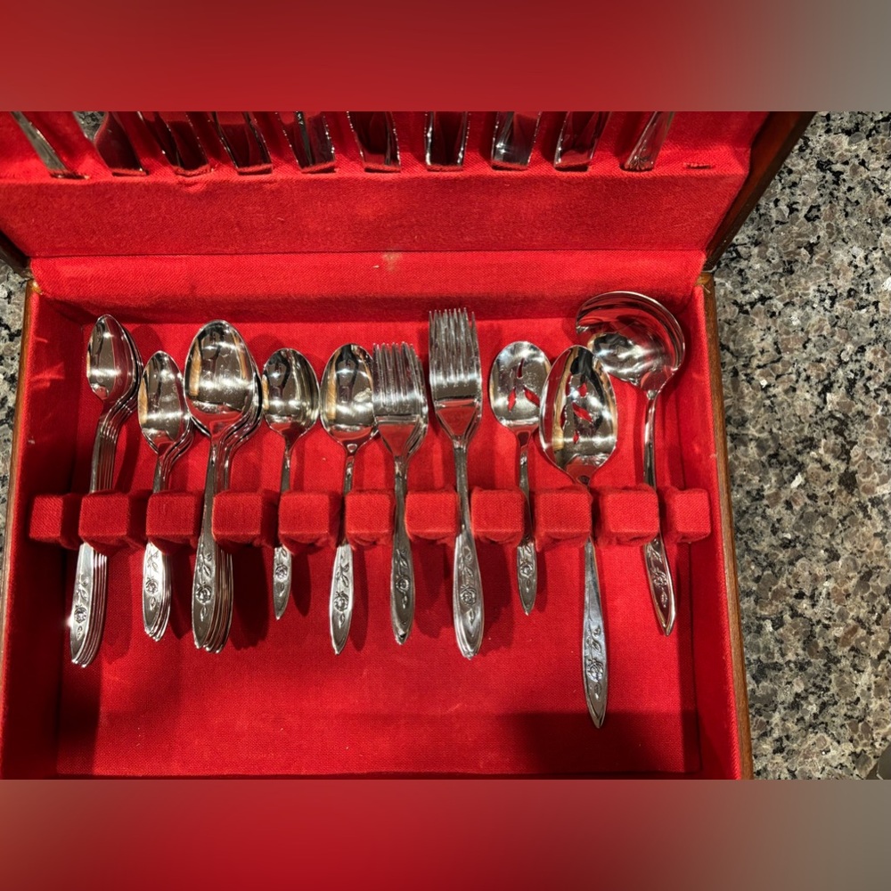 1847 Vintage William Rogers Silver Plated  Flatware in Wooden Case “Lovely Rose”